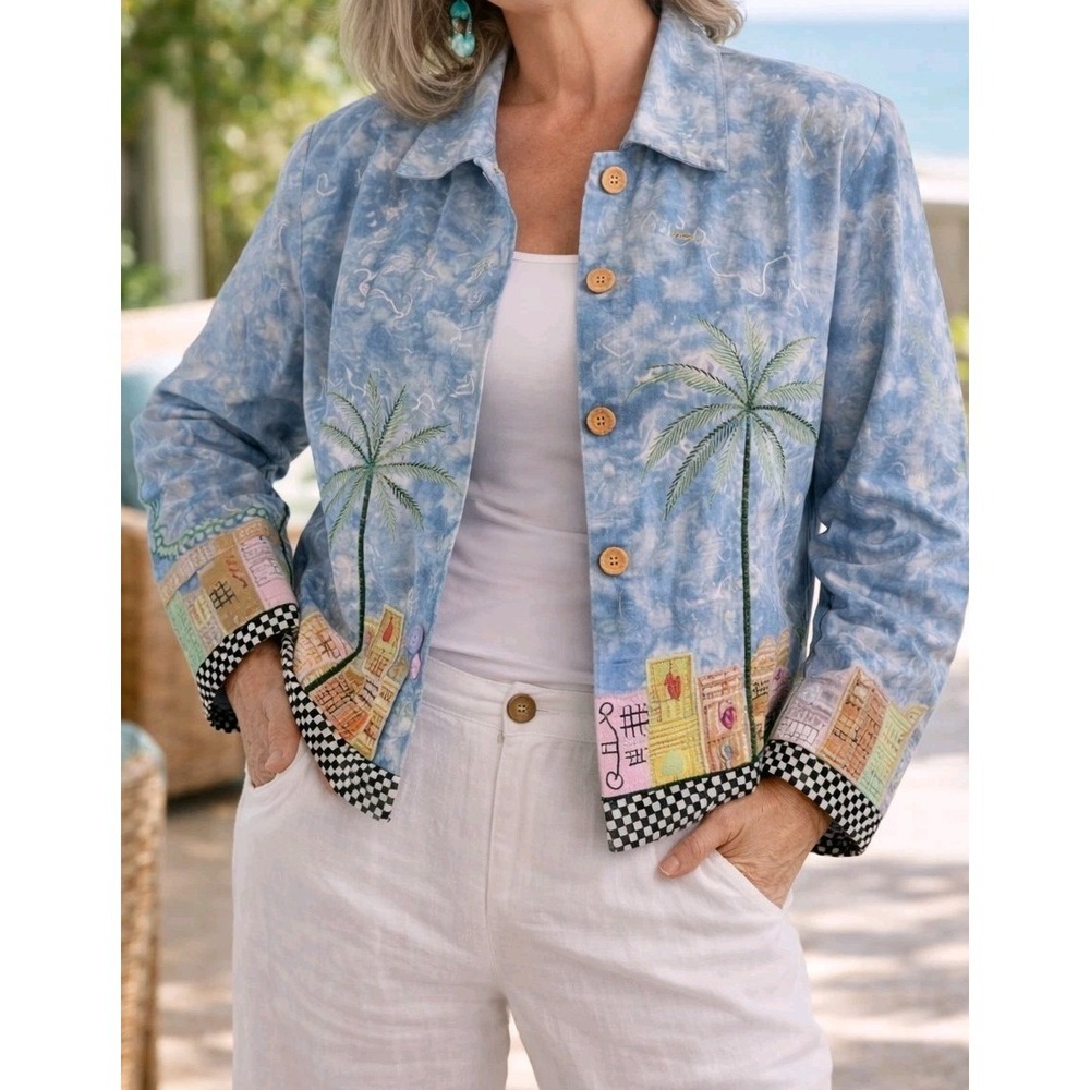 Anage XL Embroidered Art Jacket Palm Trees Cityscape 90s Boho Cotton